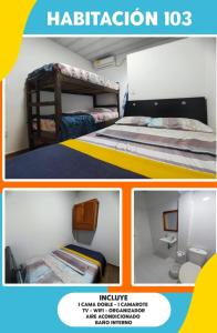 un collage de cuatro fotos de un dormitorio en Cabaña hospedaje las Gaviotas, en Moñitos