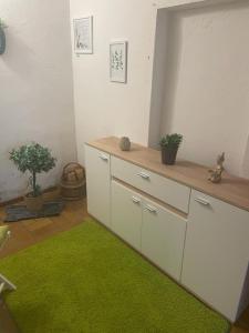 a living room with a green rug and a counter at Ute Urbaner in Irschen