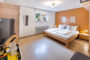 a bedroom with a bed and a flat screen tv at Hotel Garni Sonnengruss in Hagnau