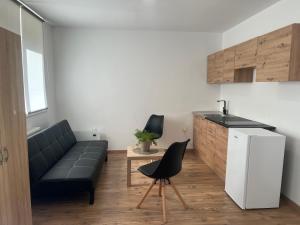 a living room with a couch and a kitchen at Črjanski Raj in Črna na Koroškem