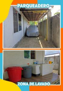 two pictures of a building with a tent and a room at Cabaña hospedaje las Gaviotas in Moñitos