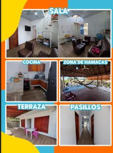 un collage di diverse immagini di un soggiorno di Cabaña hospedaje las Gaviotas a Moñitos
