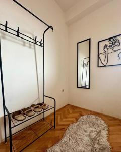 um quarto com sapatos numa prateleira e um espelho em Aleksandra 2 em Skopje