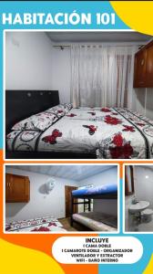 un collage de fotos de un dormitorio con cama en Cabaña hospedaje las Gaviotas, en Moñitos