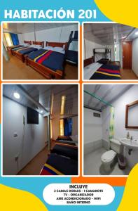 a collage of four pictures of a room with beds at Cabaña hospedaje las Gaviotas in Moñitos