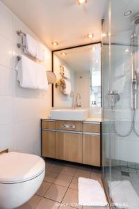 e bagno con servizi igienici, lavandino e doccia. di KD Hotelship Frankfurt Untermainkai a Francoforte sul Meno