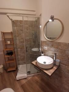 uma casa de banho com um chuveiro, um lavatório e um espelho. em La Finestra Sul Mondo B&B em Roma