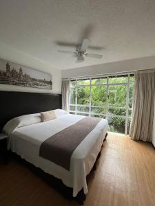 a bedroom with a large bed and a large window at Suites Havre in Mexico City