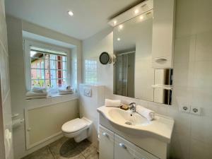 ein Badezimmer mit einem Waschbecken, einem WC und einem Spiegel in der Unterkunft Altes Friesenhaus Scheune in Morsum
