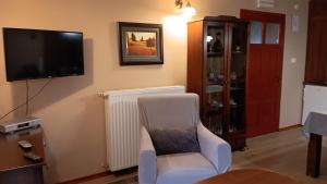 een woonkamer met een witte stoel en een televisie bij Apartment Medo in Ravna Gora