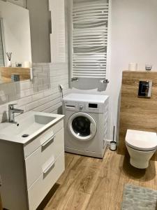 La salle de bains est pourvue d'un lave-linge et de toilettes. dans l'établissement Apartament na Szczecińskiej, à Gdańsk