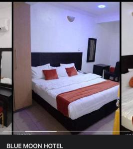 Blue Moon Hotel Victoria Island في لاغوس: غرفة فندق بسرير كبير ومخدات حمراء