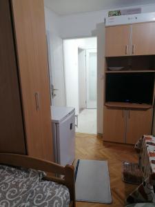 a small living room with a television and a kitchen at Trojan i Slobodanka in Ribarska Banja
