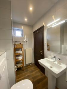 a bathroom with a white sink and a toilet at Casa Tei in Turnişor