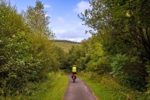 a person riding a bike down a dirt road at Afan Forest Retreat Bikes, Pets, Family,Workers in Cymmer