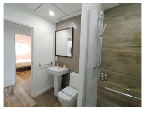 a bathroom with a toilet and a sink and a mirror at apartamento triana Arellano in Seville