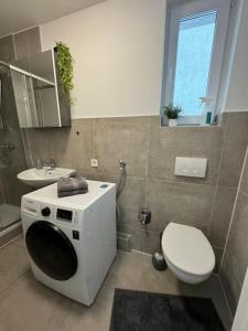 ein Badezimmer mit einer Waschmaschine und einem WC in der Unterkunft Ferienwohnung In Bremerhaven in Bremerhaven