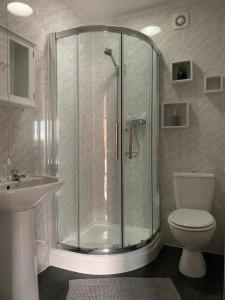 a bathroom with a shower and a toilet and a sink at Malswick Mill in Newent