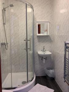 a bathroom with a shower and a sink at Malswick Mill in Newent