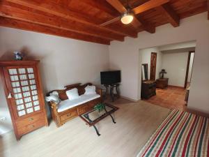 a living room with a couch and a tv at La Posada de Bayuela in Castillo de Bayuela