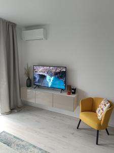a living room with a television on a white cabinet at Cozy one-room apartment with garage and AC in Bratislava