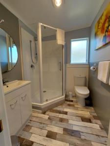 La salle de bains est pourvue d'une douche, de toilettes et d'un lavabo. dans l'établissement 4 Palms Cottage Coromandel Town, à Coromandel