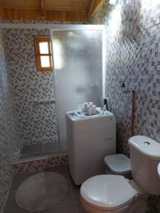 a bathroom with a toilet and a shower at Cabaña Queltehue Cochamó in Cochamó