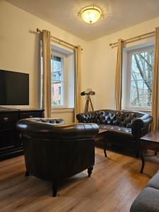 a living room with a leather couch and a television at 1897 Gästehaus der Villa Wilhelmshöhe in Münchberg