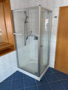 een douche met een glazen deur in de badkamer bij Privatzimmer im Herzen von Iphofen in Iphofen