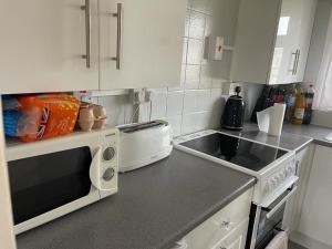 a kitchen with a counter top with a microwave at Seabreeze Number 74 includes swimming passes and club entry in Scratby