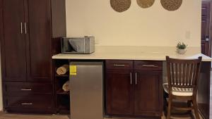 eine Küche mit einer Theke, einer Mikrowelle und einem Kühlschrank in der Unterkunft Aire de Montaña 3 - Hot Springs in Ahuachapán
