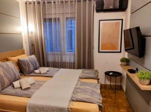 a small room with two beds and a television at Studio Sunset in Voždivac