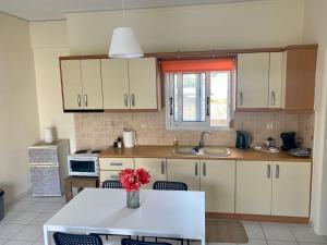 a kitchen with a vase of flowers on a table at Nav Apart, Salamina in Paloúkia