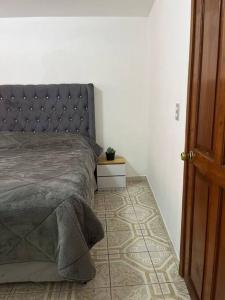 Un dormitorio con una cama y una mesa con una planta en Departamento Zaragoza, en Chignahuapan