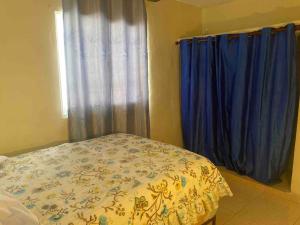a bedroom with blue curtains and a bed and a window at Apartamento en Santo Domingo Este, Urbanización moises, a 40 minutos playa boca chica in Santo Domingo