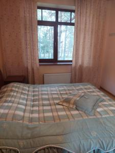 Bett in einem Schlafzimmer mit Fenster in der Unterkunft Saulesdarzs in Ragaciems