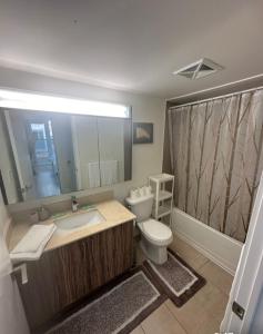 a bathroom with a sink and a toilet and a mirror at Modern Luxury 3 bed rooms House in Toronto Mississauga in Mississauga