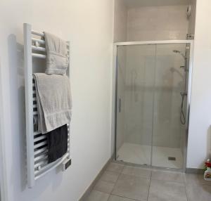 a bathroom with a shower and a towel rack at Appartement calme,lumineux ,hyper centre TOURS in Tours +6 photos