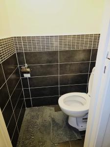 La salle de bains est pourvue de toilettes et de carrelage noir. dans l'établissement Luxurious, à Bruxelles
