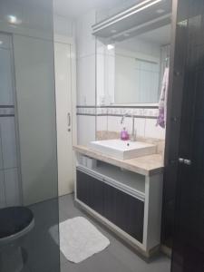 a bathroom with a sink and a mirror at Apto central completo com garagem in Caxias do Sul