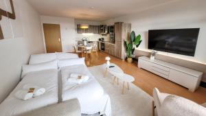 sala de estar con sofá blanco y TV de pantalla plana en Idyllische Wohnung in Regen I Balkon I Bergblick I Burgnähe, en Regen