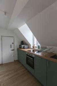 uma cozinha no sótão com armários verdes e uma porta branca em Pleasant studio in hypercenter em Saint-Denis