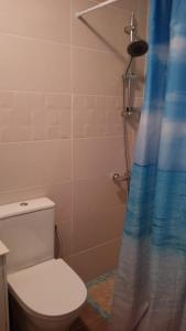 a bathroom with a toilet and a shower curtain at Villa Yanet 