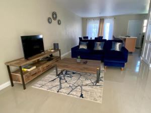 a living room with a blue couch and a tv at Paradise Heaven in RioNuoya