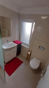 a bathroom with a toilet and a sink and a window at TRE SORELLE in Piran