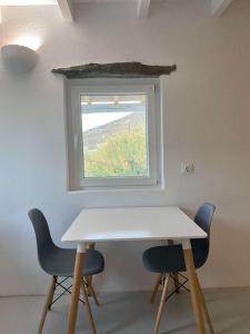 uma mesa branca e duas cadeiras em frente a uma janela em Louloudas rooms paros em Molos Parou