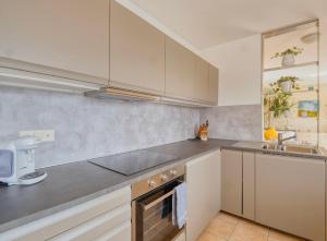 a kitchen with white cabinets and stainless steel appliances at Casa Alla Roccabella in Minusio