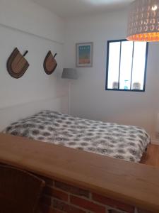 a bed in a room with a window at Maison Natis à 400 metres à pieds de l'aéroport in Tillé +1 photo