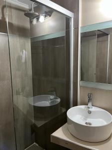 W łazience znajduje się umywalka i przeszklony prysznic. w obiekcie Columbia Palace Hotel w BuenosAires