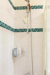 a shower in a bathroom with green and white tiles at Chbre 2P + navette CDG in Aulnay-sous-Bois